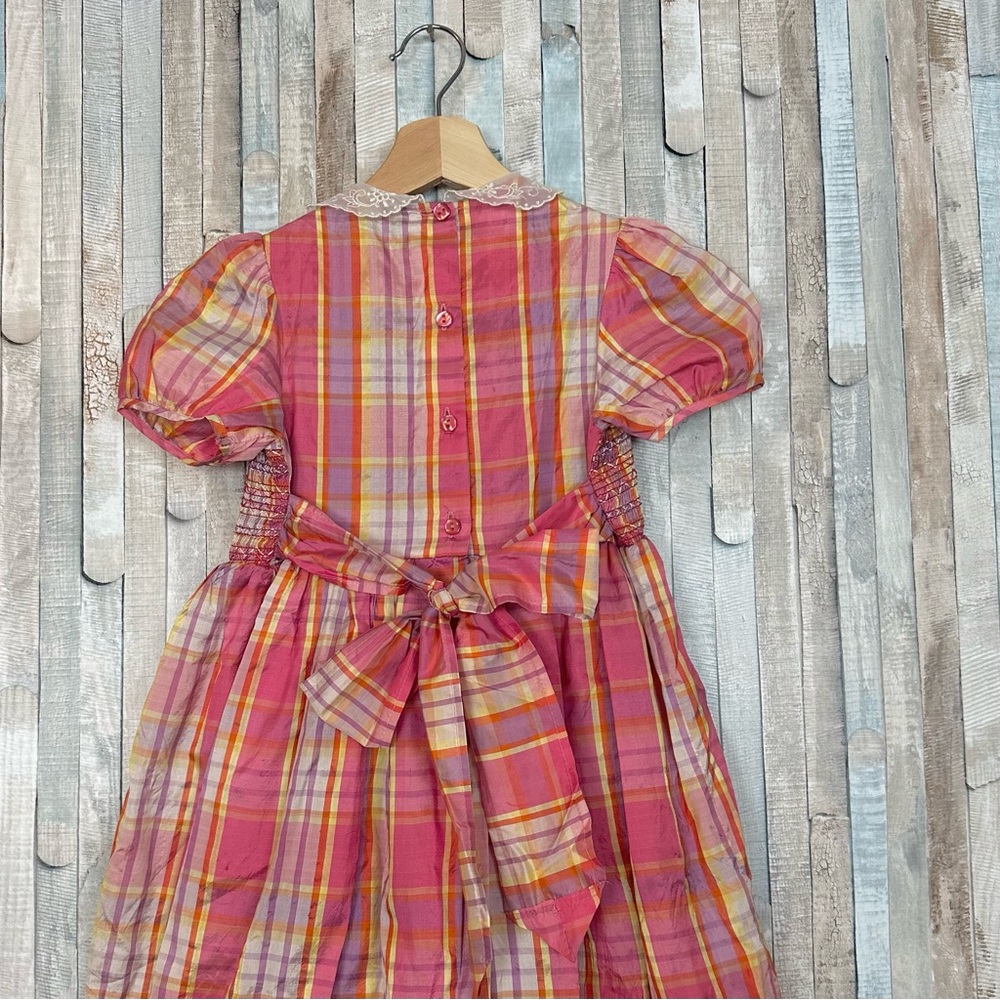 Laura Ashley 5 Vintage Girls Silk Smocked Lace Collar Plaid Dress Play Party - Picture 6 of 9